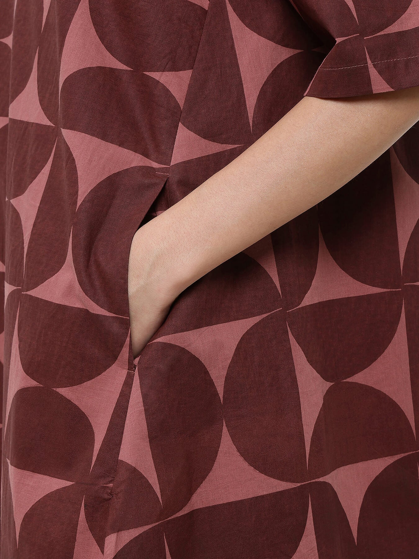 Cotton Geometric A-Line Dress - Burgundy