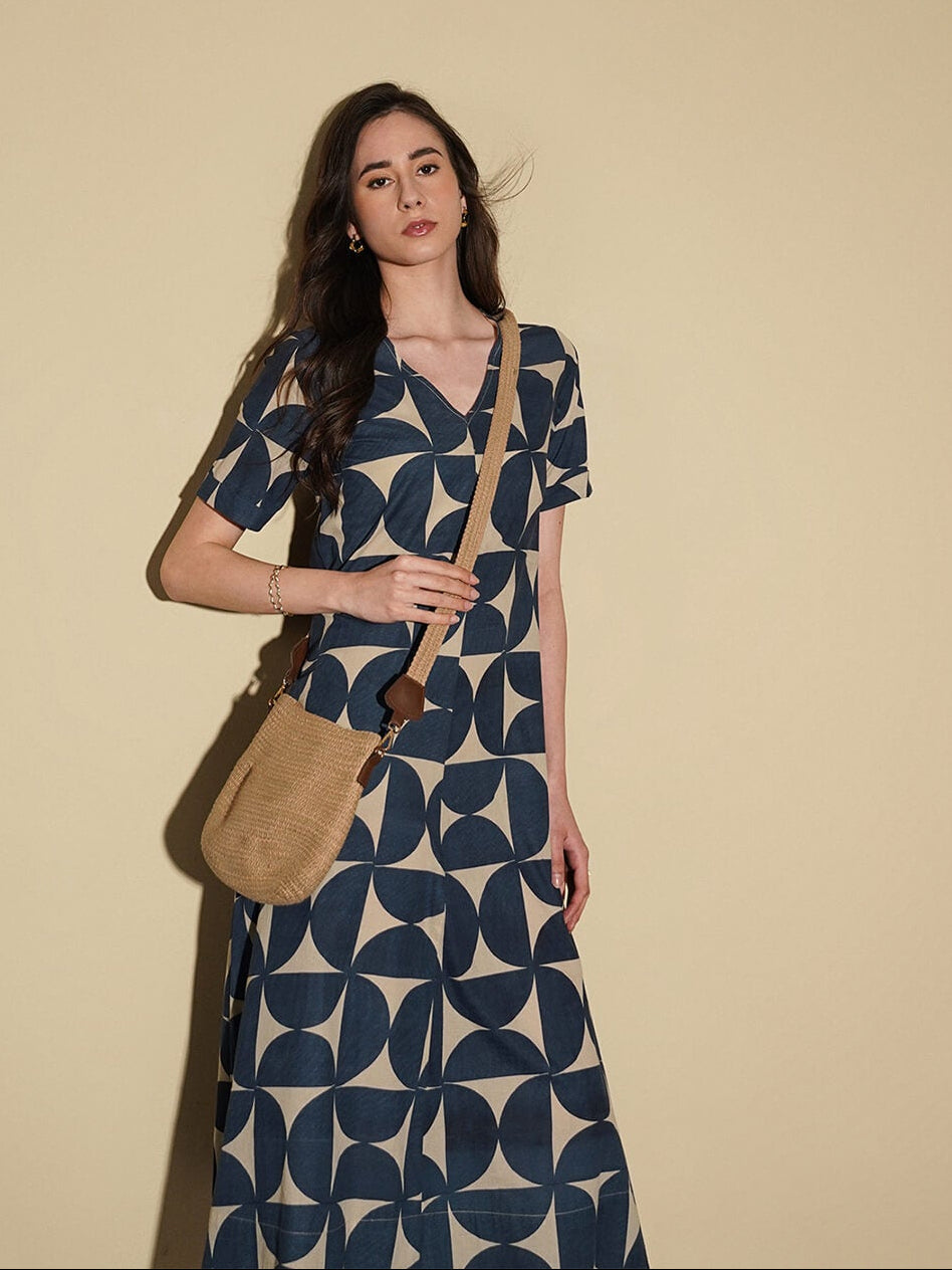 Cotton Geometric A-Line Dress - Beige & Blue