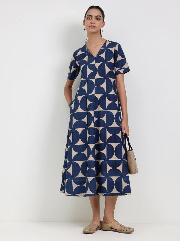 Cotton Geometric A-Line Dress - Beige & Blue