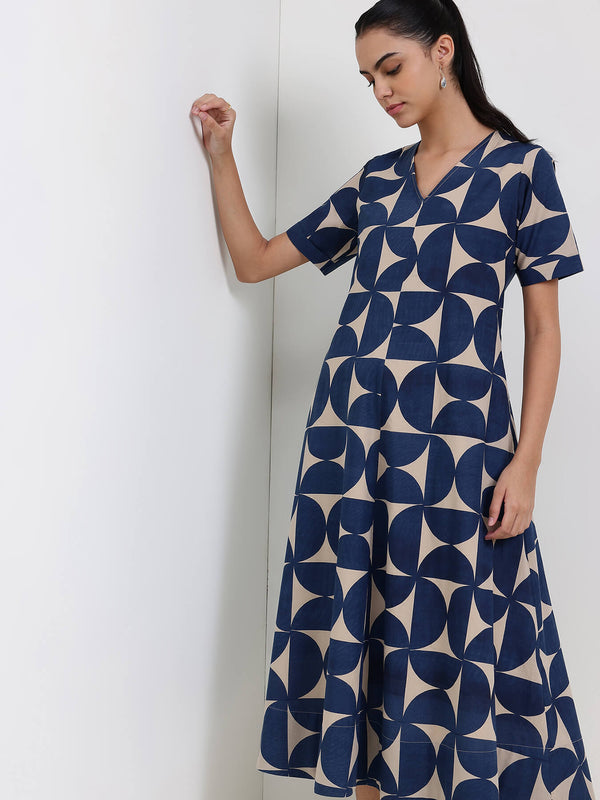 Cotton Geometric A-Line Dress - Beige & Blue