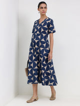 Cotton Geometric A-Line Dress - Beige & Blue