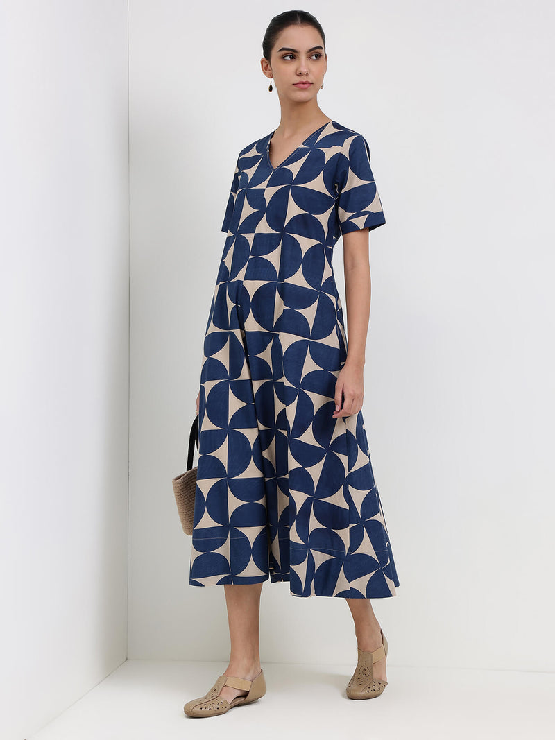 Cotton Geometric A-Line Dress - Beige & Blue