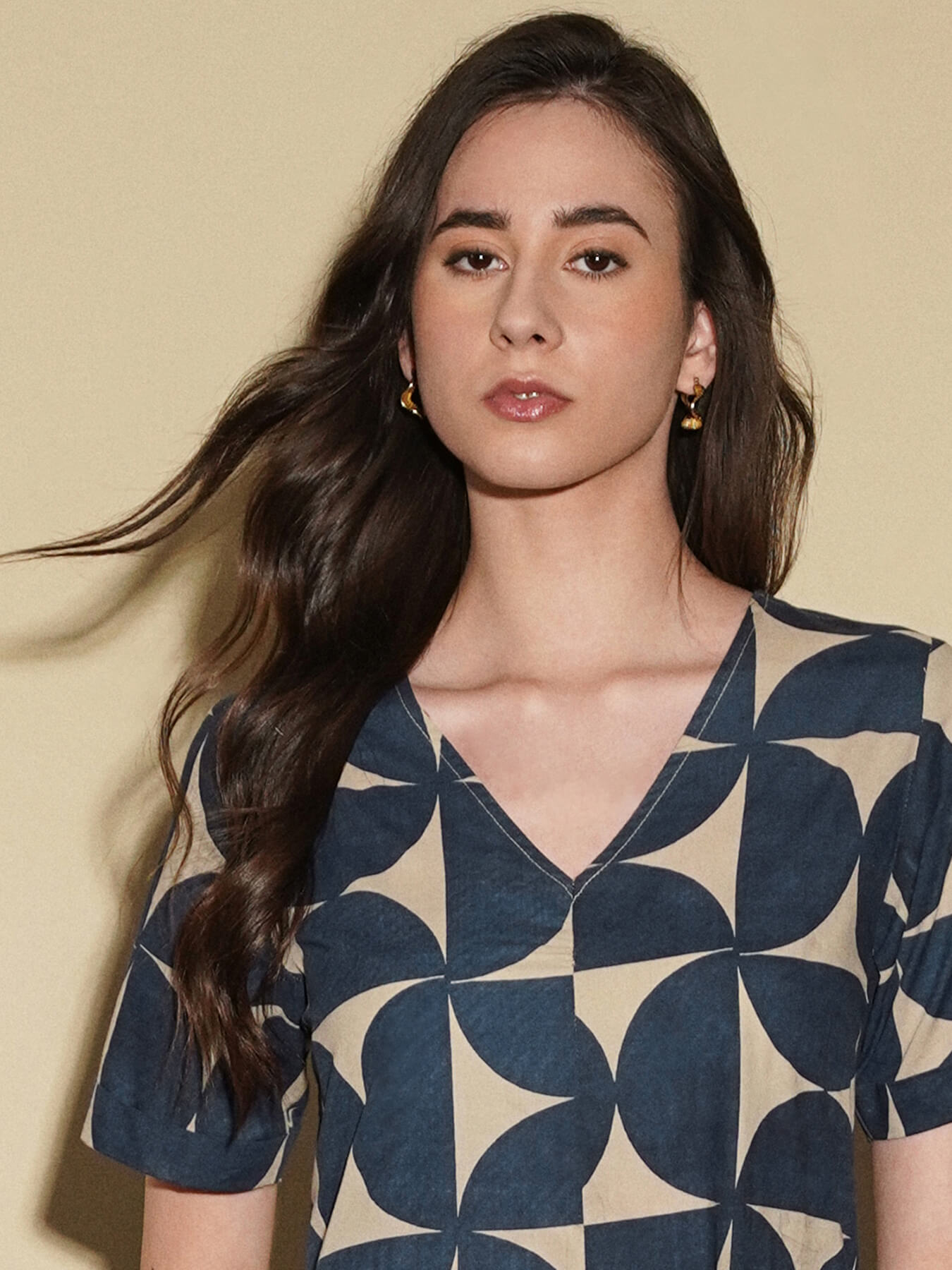 Cotton Geometric A-Line Dress - Beige & Blue