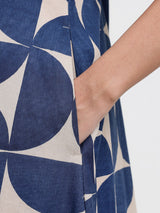 Cotton Geometric A-Line Dress - Beige & Blue