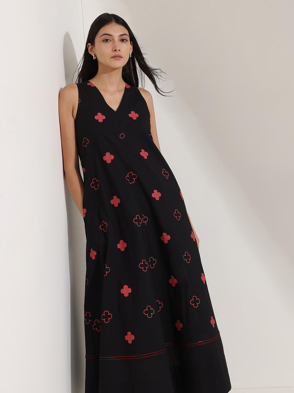 Cotton Geometric A-Line Dress - Black