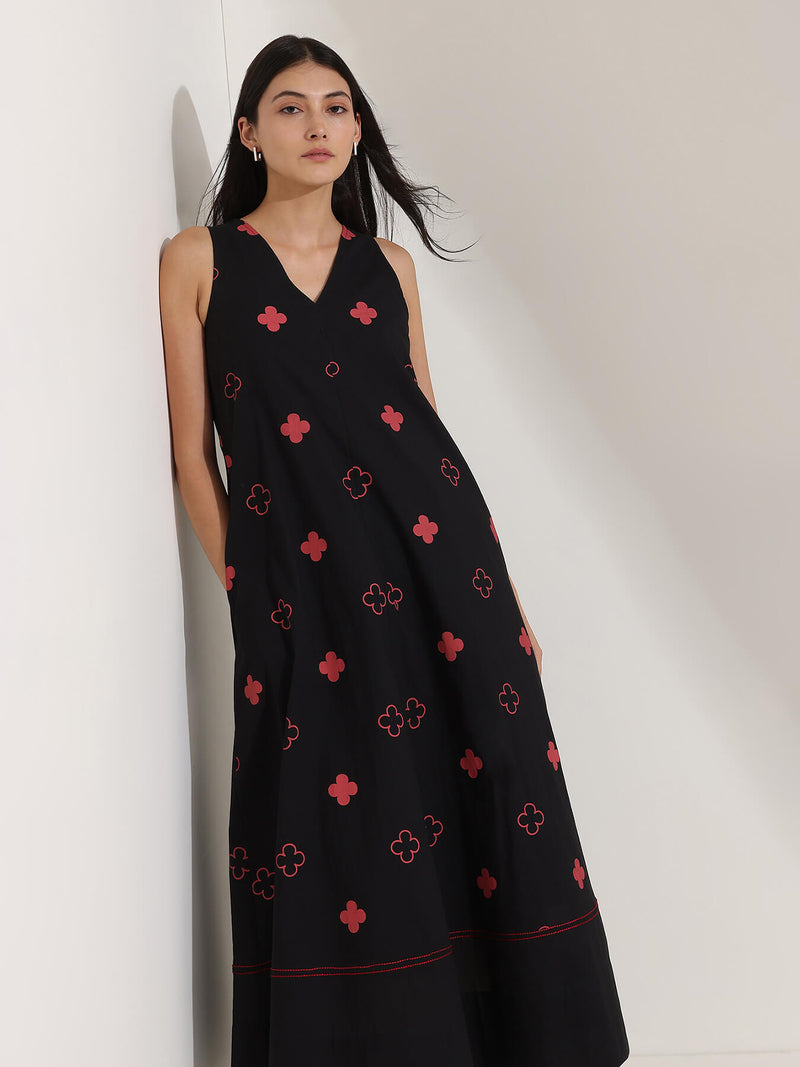 Cotton Geometric A-Line Dress - Black