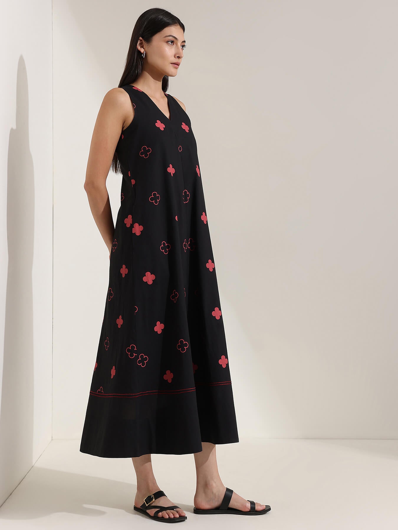 Cotton Geometric A-Line Dress - Black