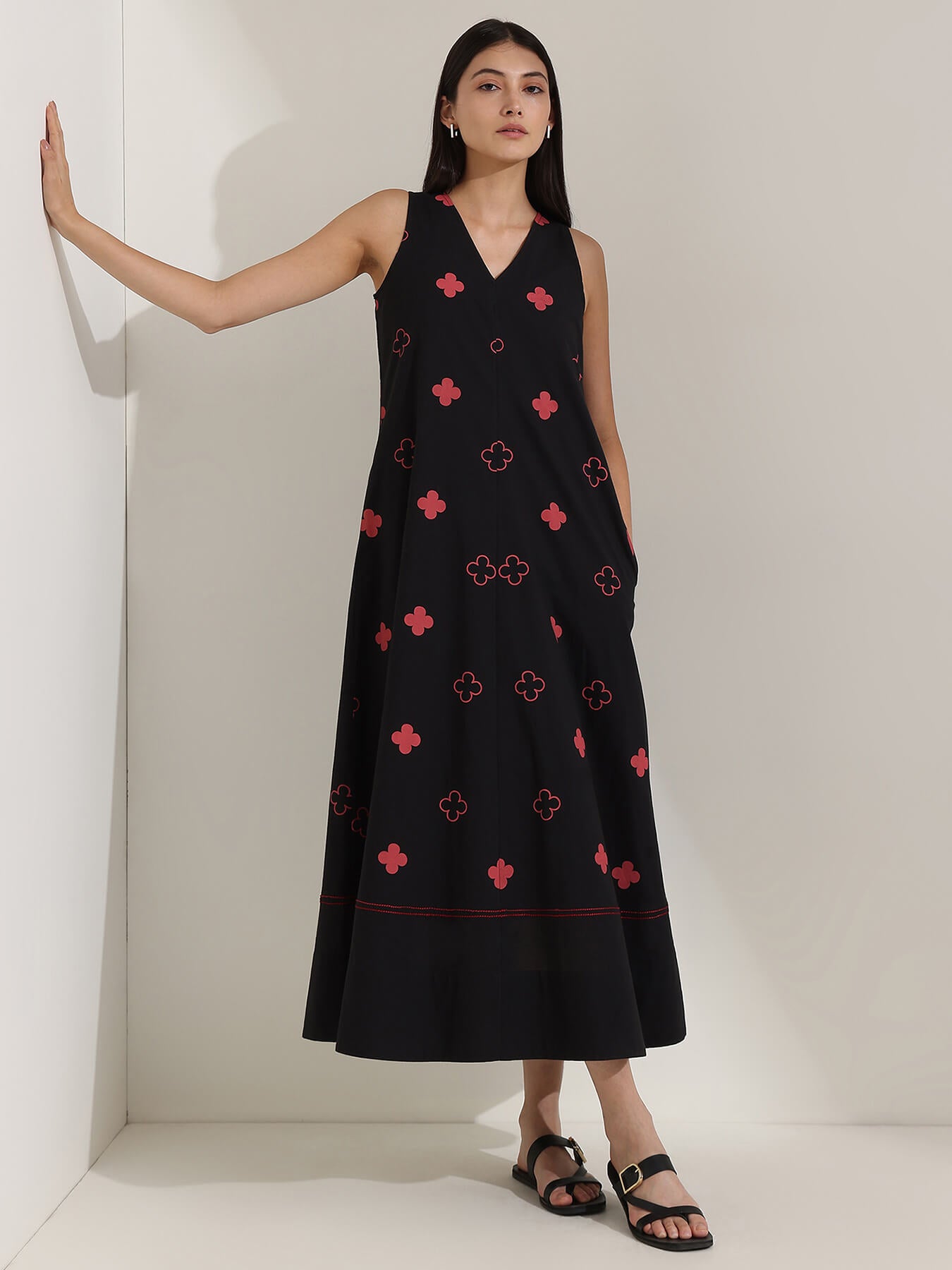 Cotton Geometric A-Line Dress - Black