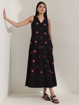 Cotton Geometric A-Line Dress - Black