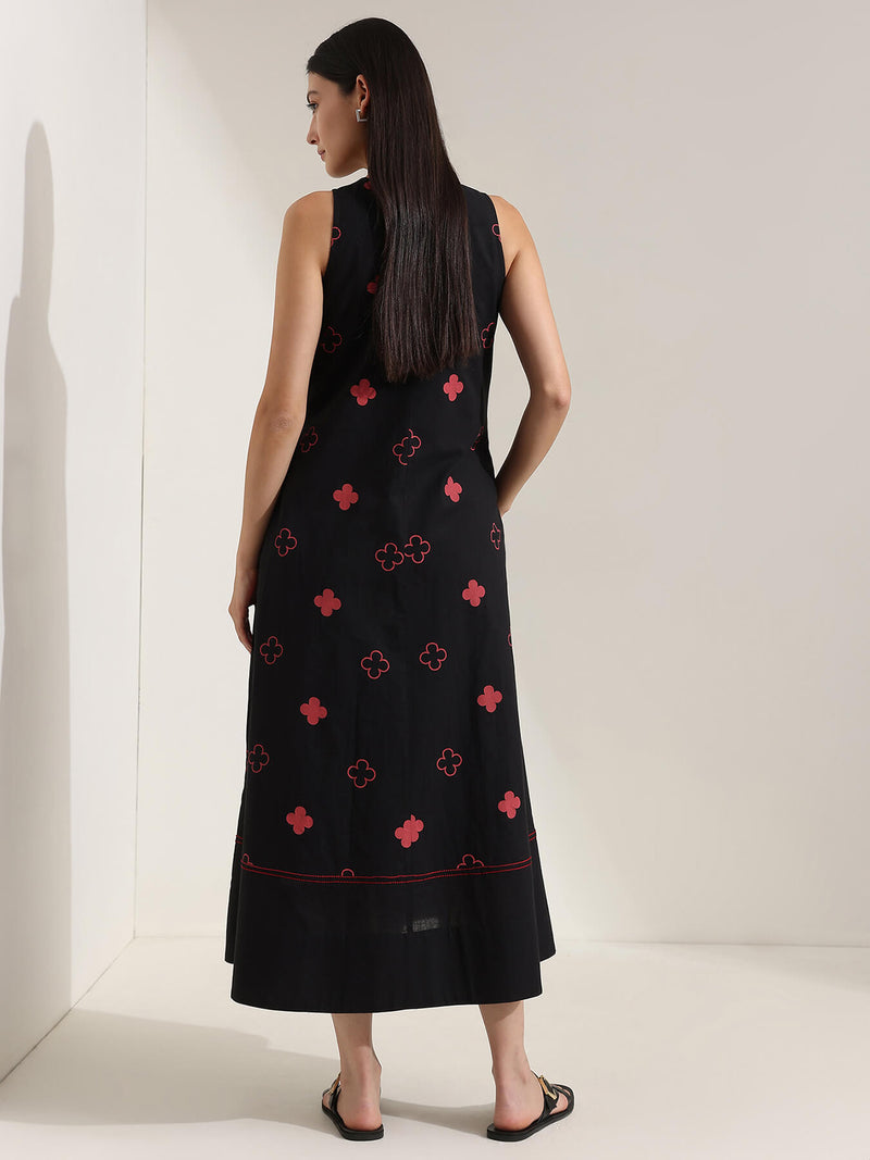 Cotton Geometric A-Line Dress - Black