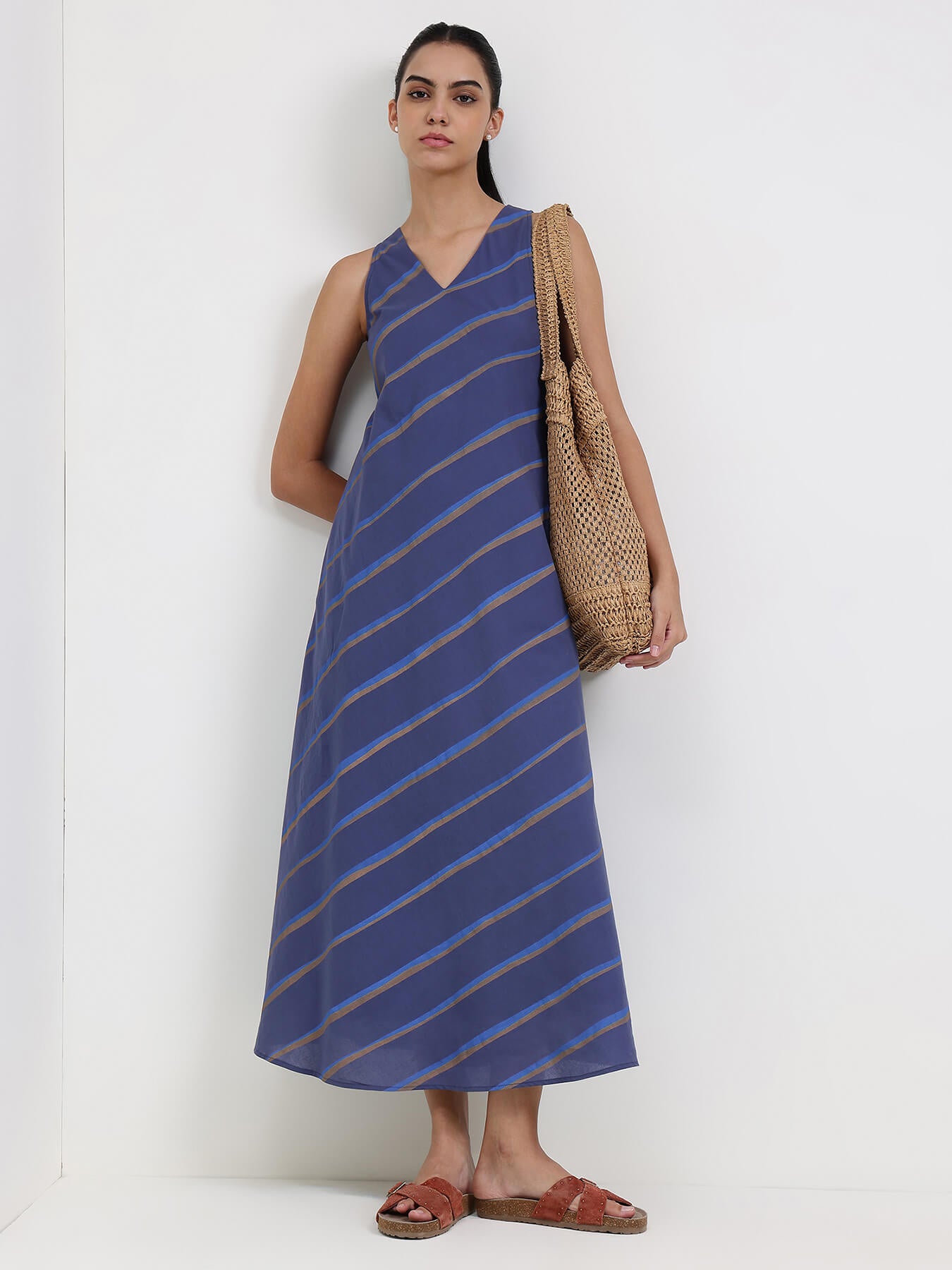 Cotton Striped A-Line Dress - Blue