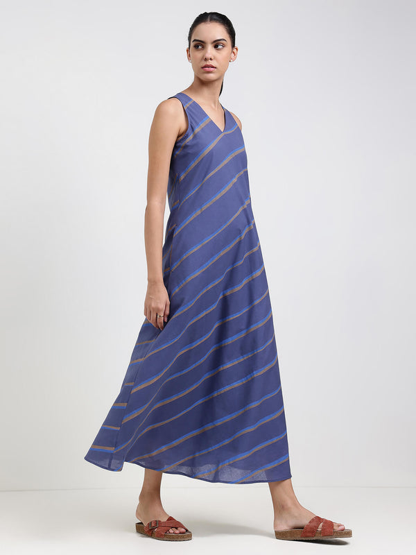Cotton Striped A-Line Dress - Blue
