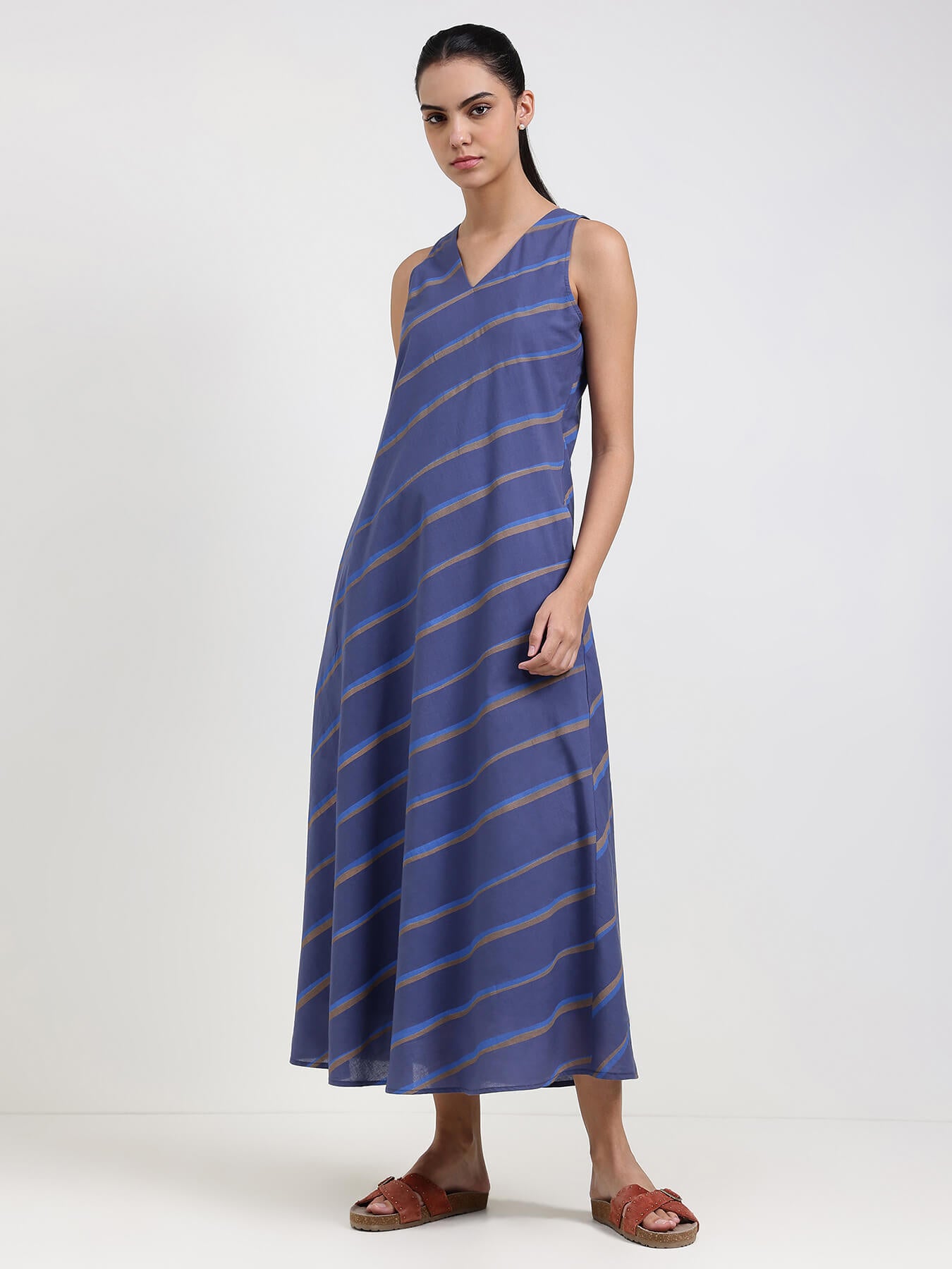 Cotton Striped A-Line Dress - Blue