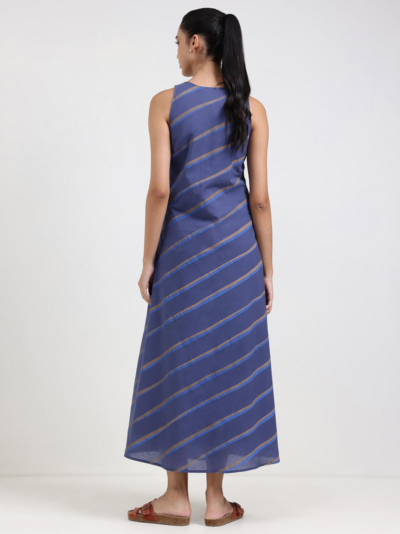 Cotton Striped A-Line Dress - Blue