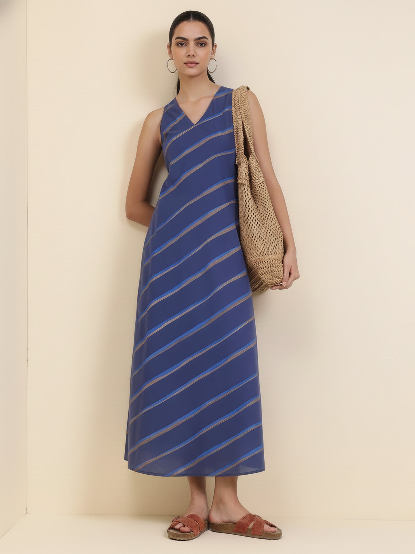 Cotton Striped A-Line Dress - Blue