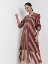 Cotton Striped A-Line Dress - Brown