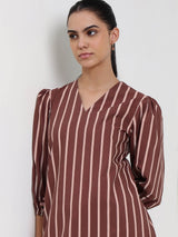 Cotton Striped A-Line Dress - Brown