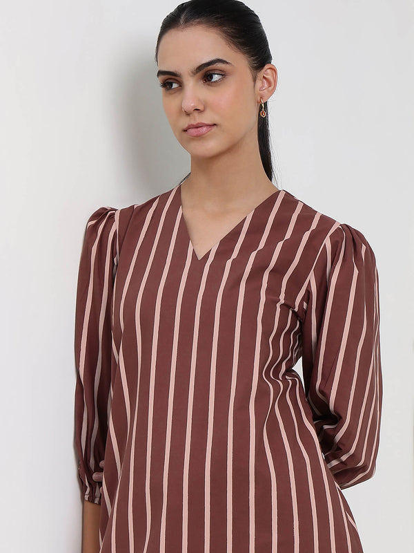 Cotton Striped A-Line Dress - Brown