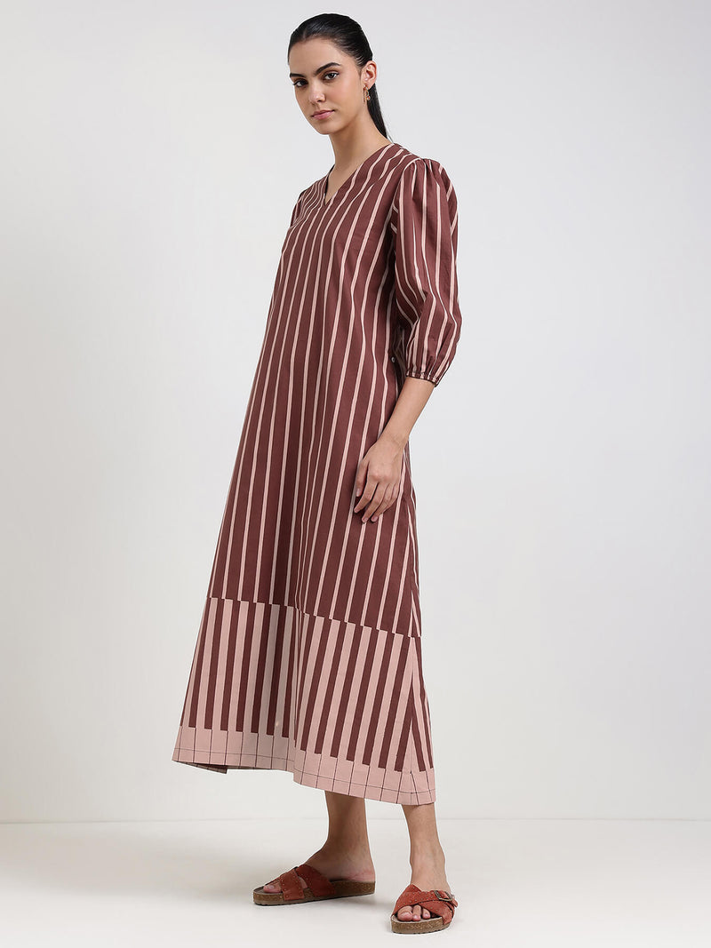 Cotton Striped A-Line Dress - Brown
