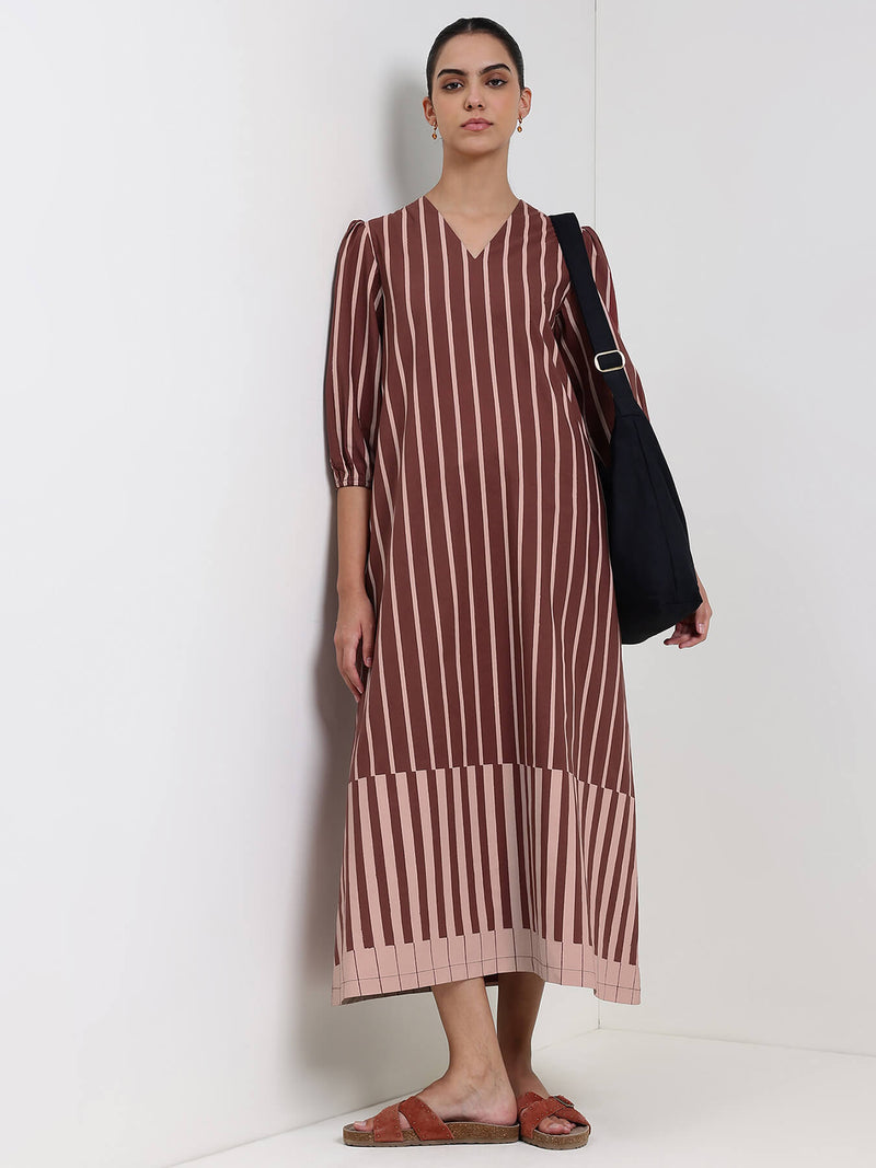 Cotton Striped A-Line Dress - Brown