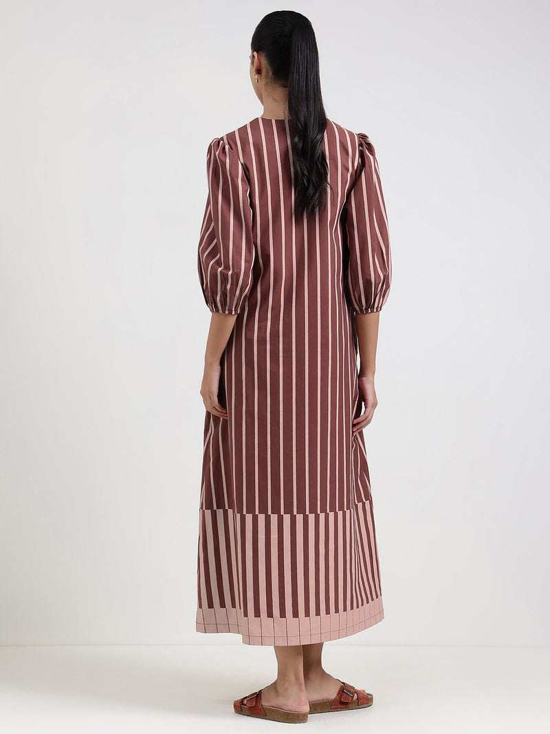 Cotton Striped A-Line Dress - Brown
