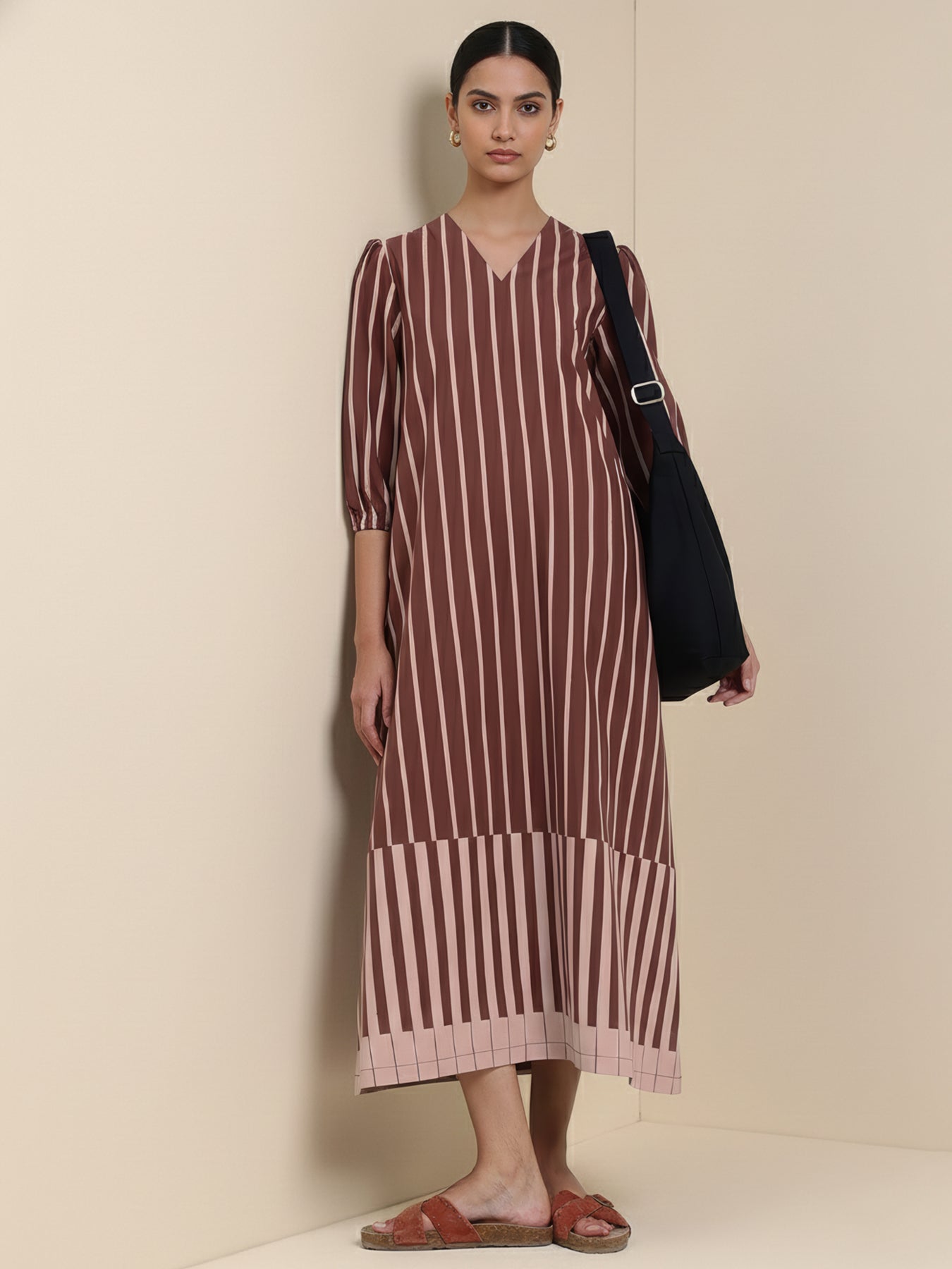 Cotton Striped A-Line Dress - Brown