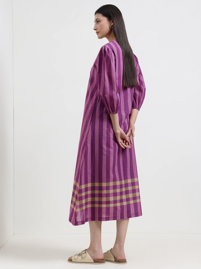 Cotton Stripe Play A-Line Dress - Purple