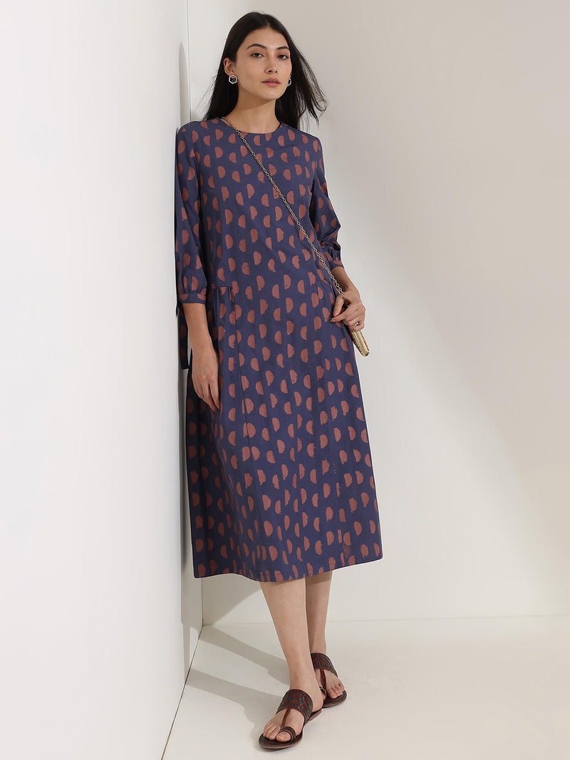 Cotton Geometric A-Line Dress - Blue