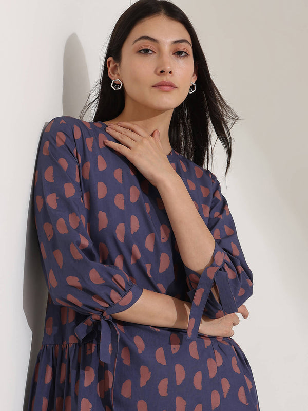 Cotton Geometric A-Line Dress - Blue