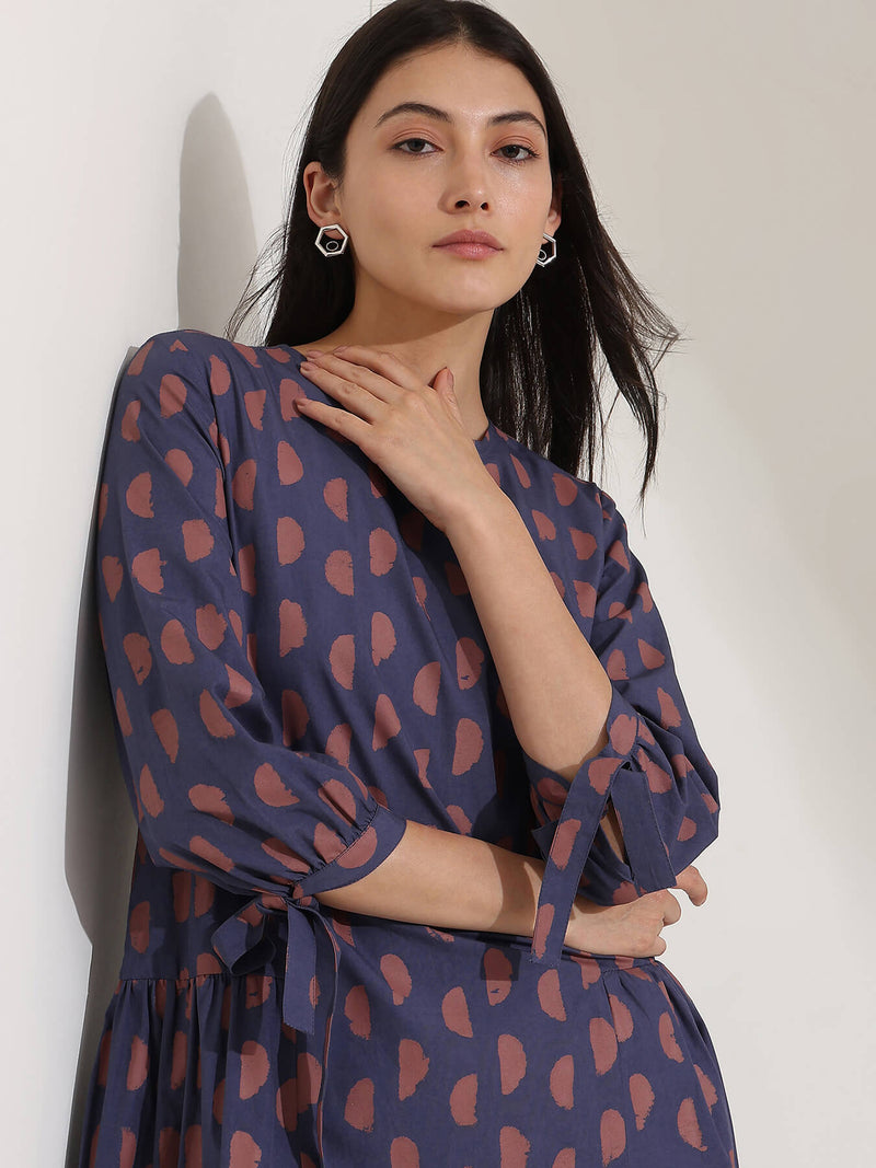 Cotton Geometric A-Line Dress - Blue
