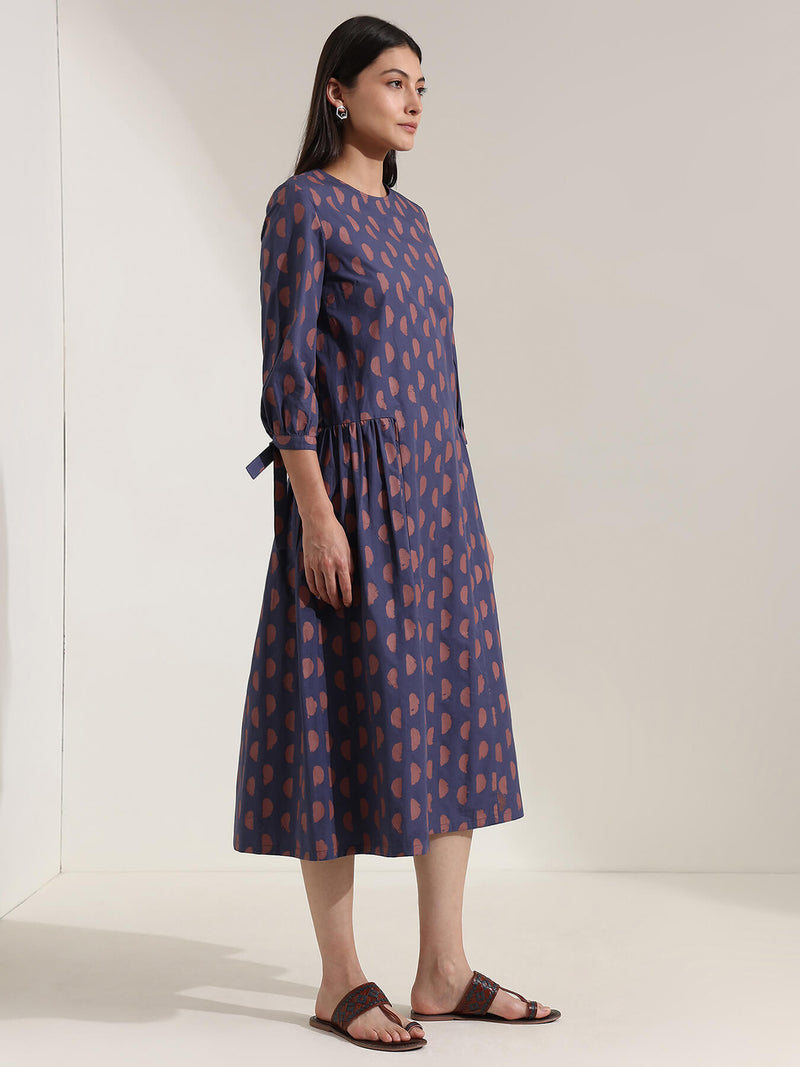 Cotton Geometric A-Line Dress - Blue