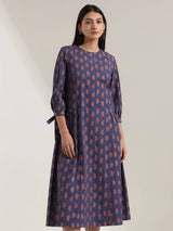 Cotton Geometric A-Line Dress - Blue