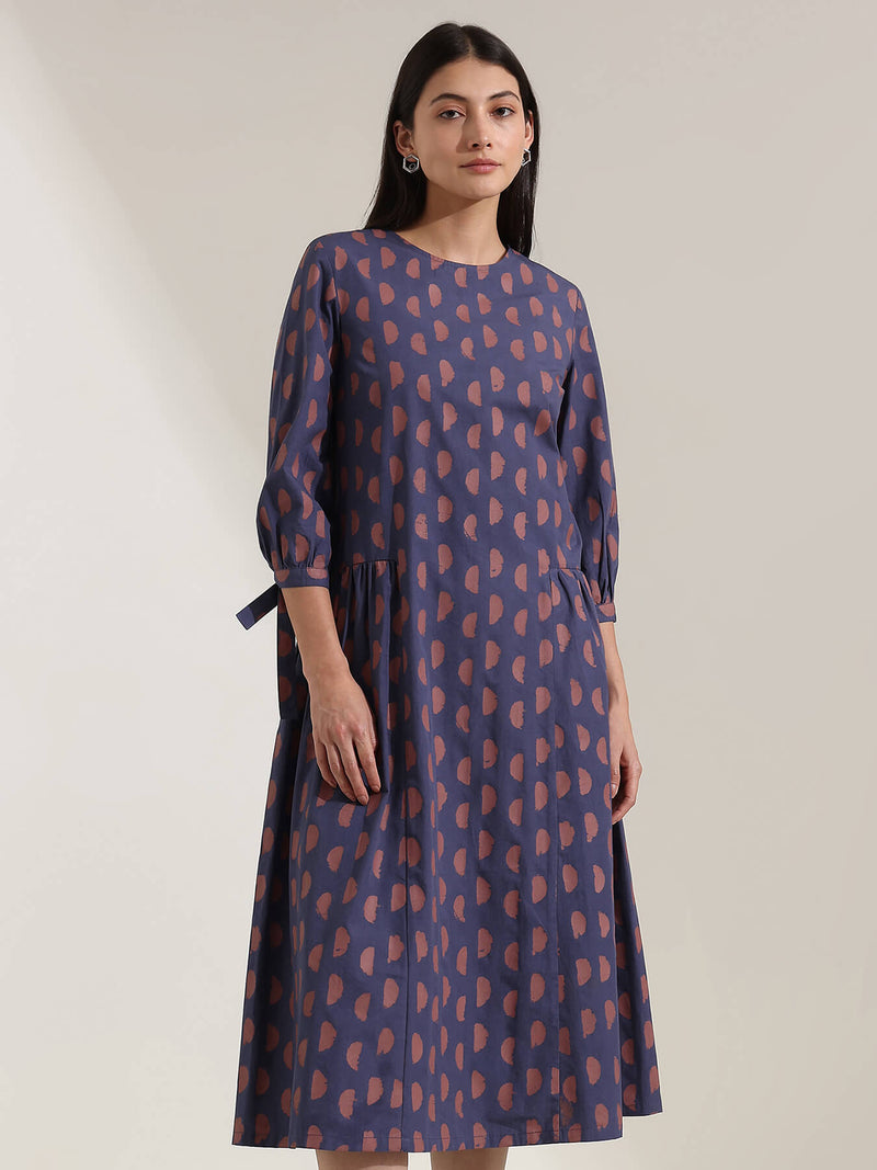 Cotton Geometric A-Line Dress - Blue