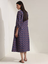 Cotton Geometric A-Line Dress - Blue