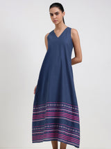 Cotton Striped A-Line Dress - Blue