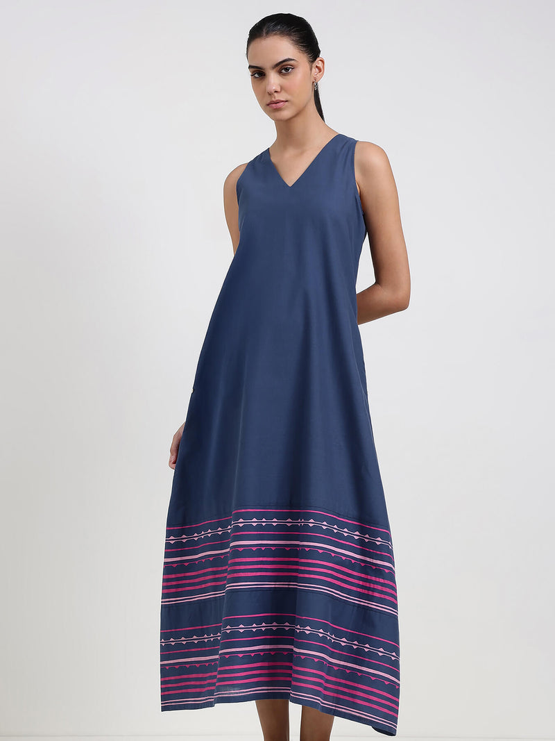 Cotton Striped A-Line Dress - Blue
