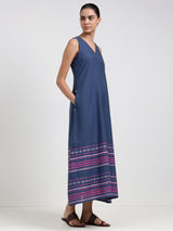 Cotton Striped A-Line Dress - Blue