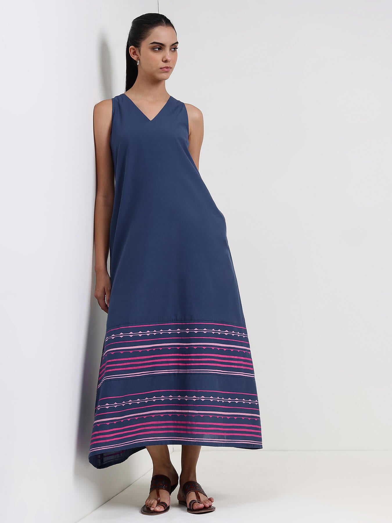 Cotton Striped A-Line Dress - Blue