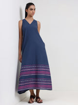 Cotton Striped A-Line Dress - Blue