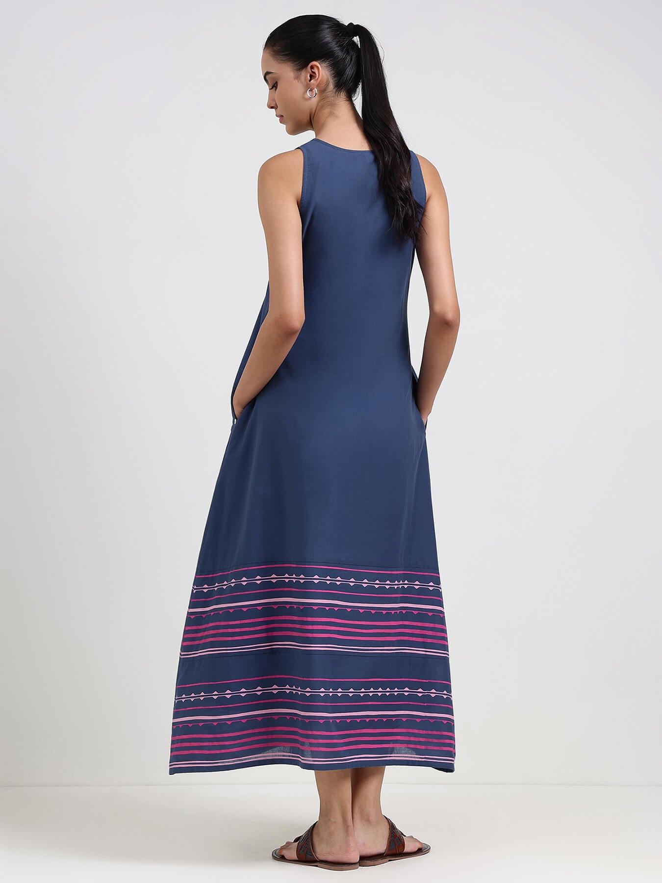 Cotton Striped A-Line Dress - Blue