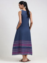 Cotton Striped A-Line Dress - Blue