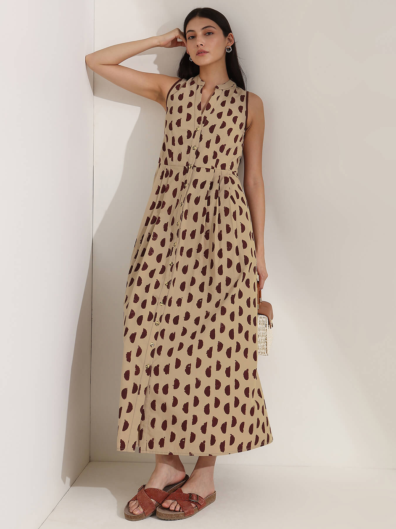 Cotton Geometric A-Line Dress - Beige