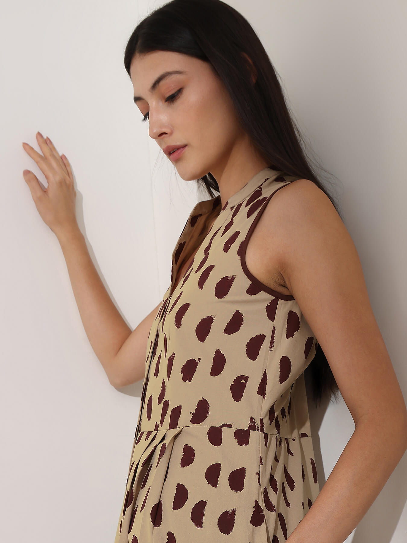 Cotton Geometric A-Line Dress - Beige