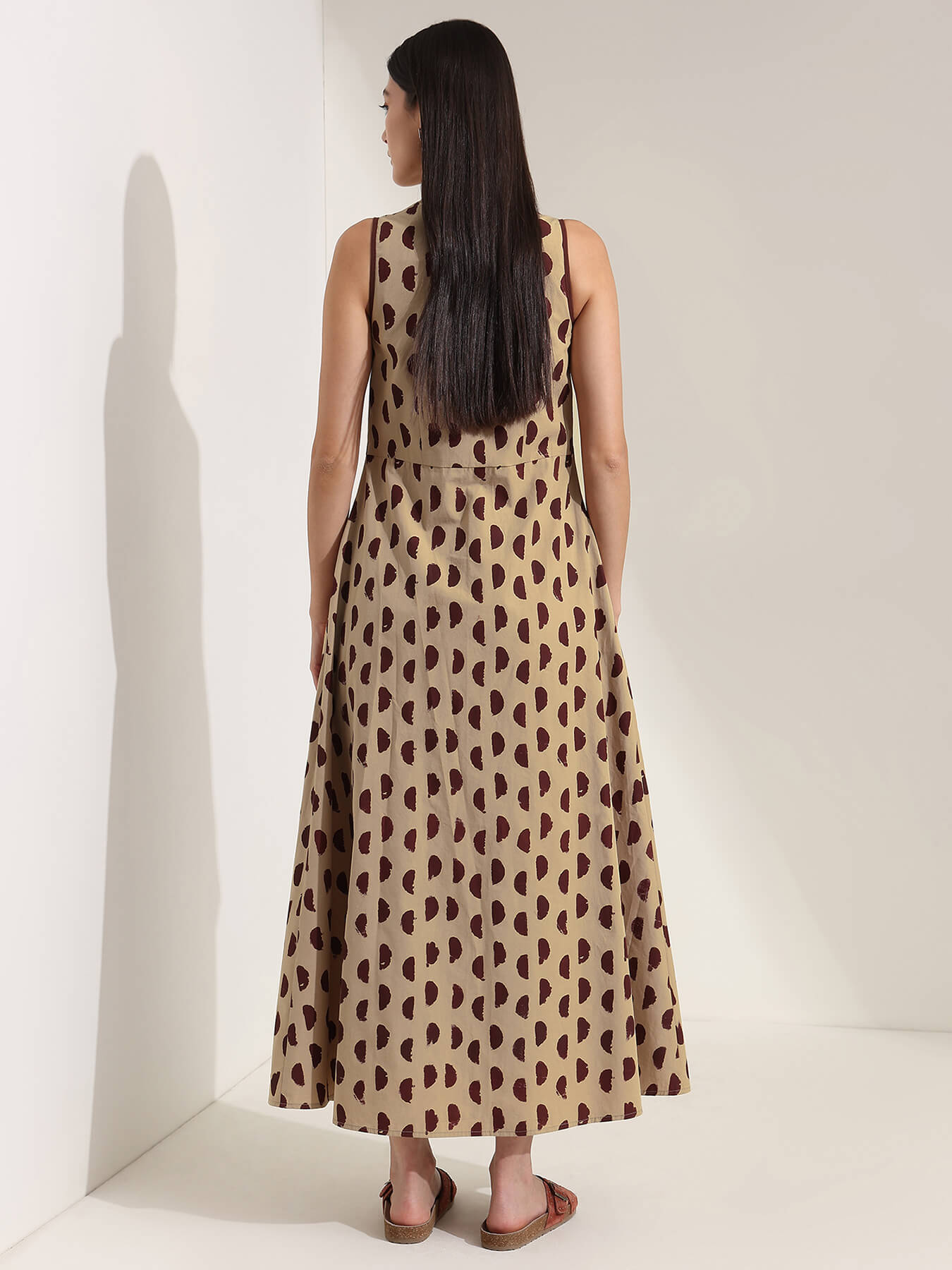 Cotton Geometric A-Line Dress - Beige