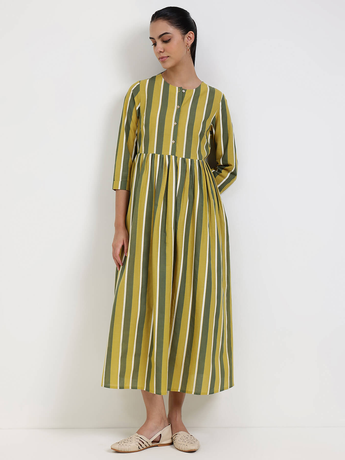 Cotton Striped A-Line Dress - Green
