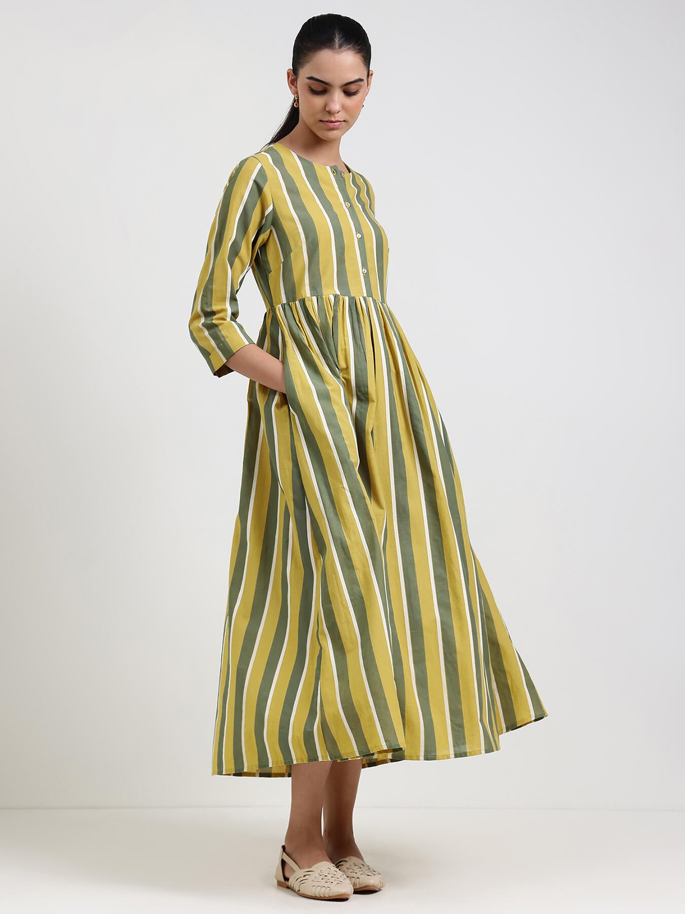 Cotton Striped A-Line Dress - Green