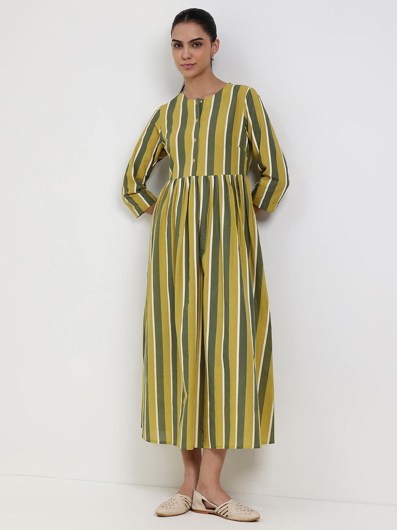 Cotton Striped A-Line Dress - Green