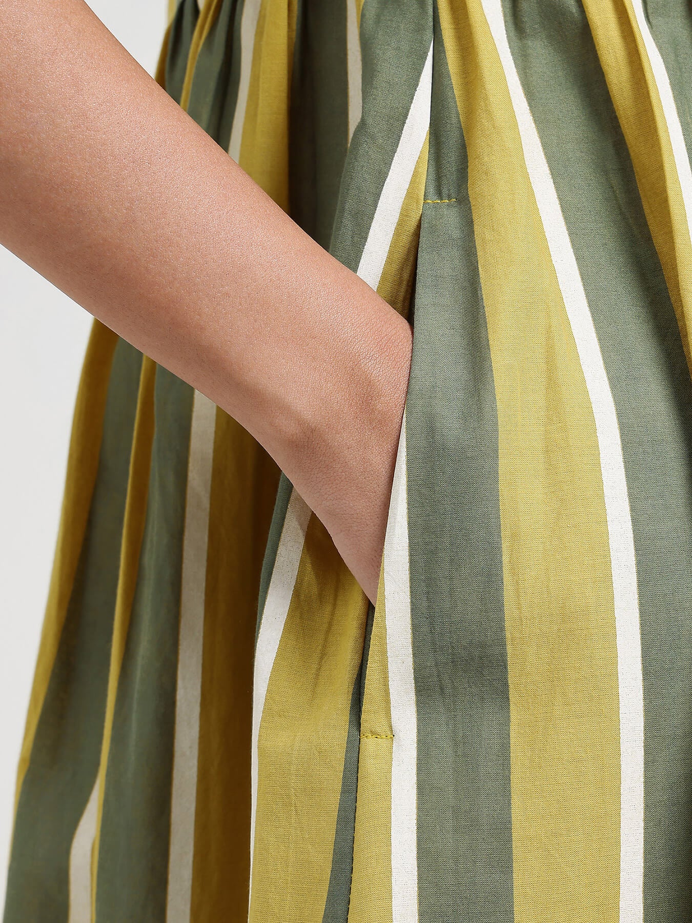 Cotton Striped A-Line Dress - Green