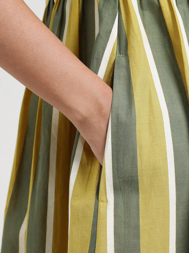 Cotton Striped A-Line Dress - Green