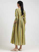 Cotton Striped A-Line Dress - Green